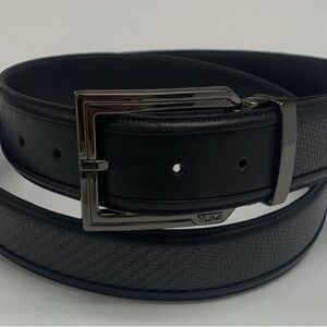 TUMI Black Leather Belt with Silver Buckle